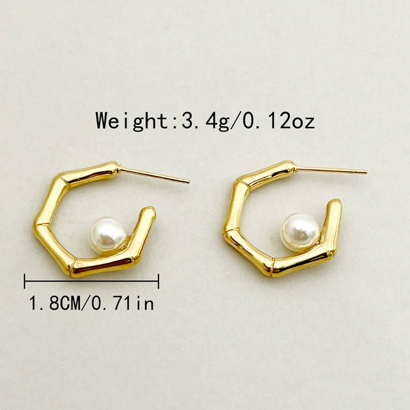 Wholesale Minimalist Geometric Bamboo Pearl Earrings Stainless Steel 14K Gold Plated