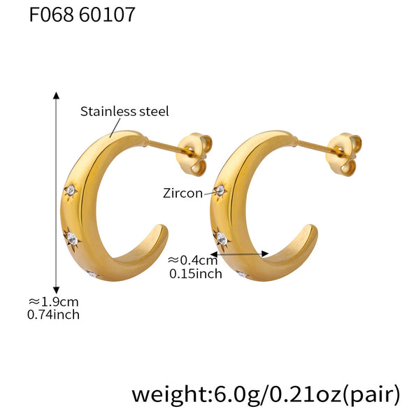 Wholesale Minimalist Geometric Cshaped Zircon Inlaid Stainless Steel Earrings With 18K Real Gold Plating For Women