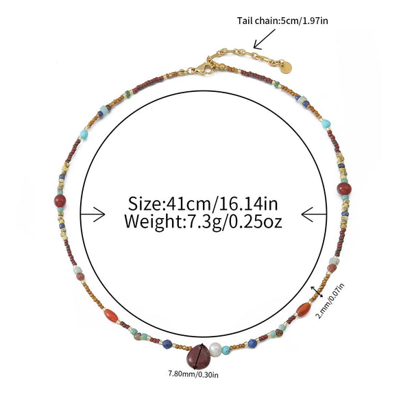 Wholesale Minimalist Geometric Red Agate Blue Pine Czech Beads Gold Sand Stone Stainless Steel Electroplating Clavicle Chain Necklace