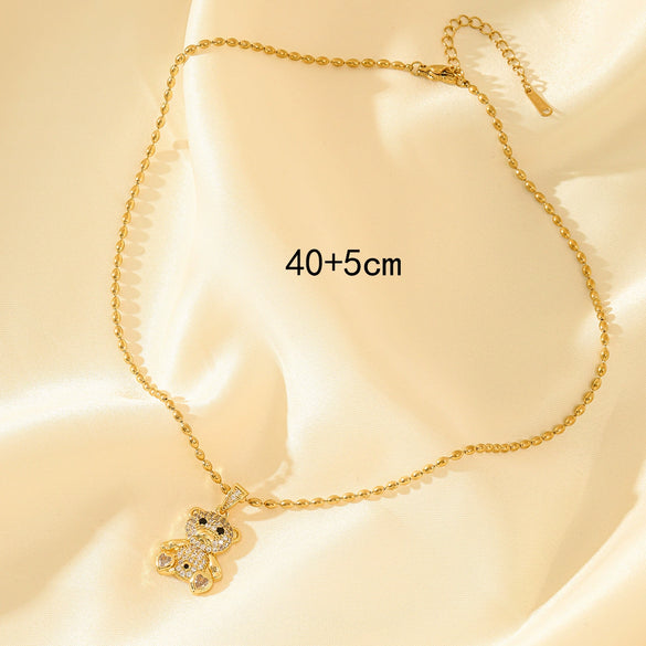 Wholesale Minimalist Geometric Stainless Steel Bear Pendant Necklace With Mixed Gemstone Inlay And Electroplating For Women