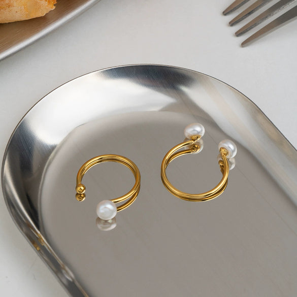 Wholesale Minimalist Geometric Stainless Steel Freshwater Pearl Open Ring With Vacuum Real Gold Plating In Pvd Furnace For Women