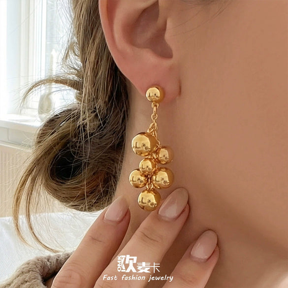 Wholesale Minimalist Geometric Stainless Steel 18K Gold Plated Round Bead Tassel Earrings For Women