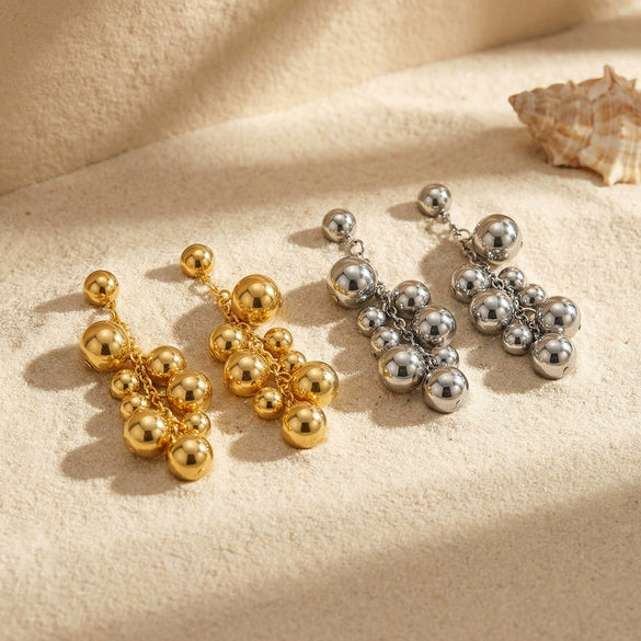 Wholesale Minimalist Geometric Stainless Steel 18K Gold Plated Round Bead Tassel Earrings For Women