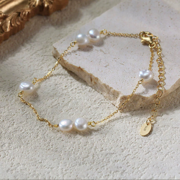 Wholesale Minimalist Geometric 925 Sterling Silver Freshwater Cultured Pearl Bracelet With 14K Gold Plating Jewelry