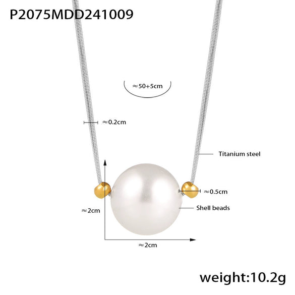 Wholesale Minimalist Geometric Titanium Steel And Shell Beads Single Large Bead Pendant Necklace With Electroplating For Women