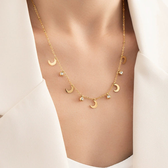 Wholesale Minimalist Highend Heart Shape Moon Zircon Titanium Steel Necklace With Copper Pendant And Electroplating For Women