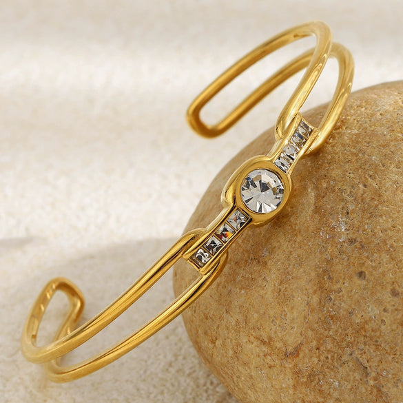 Wholesale Minimalist Highend Stainless Steel 18K Goldplated Geometric Doublelayer Line Bracelet For Office Ladies