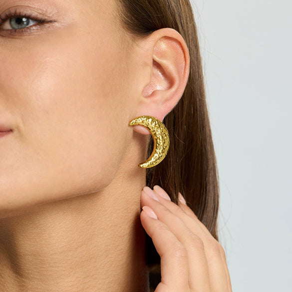 Wholesale Minimalist Ins Style Geometric Stainless Steel 18K Gold Plated Hammered Moon Earrings For Women