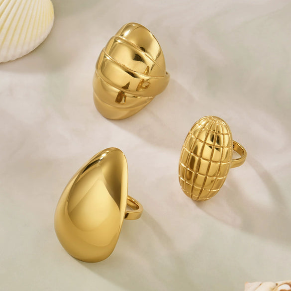 Wholesale Minimalist Light Luxury Geometric Shape Stainless Steel Electroplated 18K Real Gold Water Drop Ring Set For Women