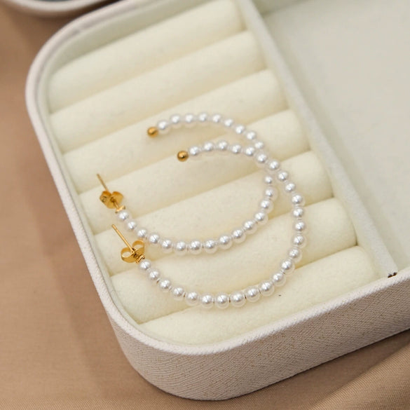 Wholesale Minimalist Light Luxury Stainless Steel 14K Gold Plated Pearl C Shaped Geometric Earrings For Women