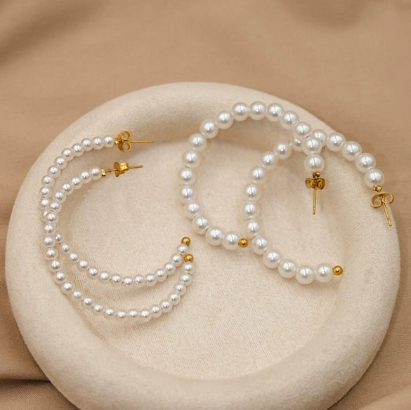 Wholesale Minimalist Light Luxury Stainless Steel 14K Gold Plated Pearl C Shaped Geometric Earrings For Women