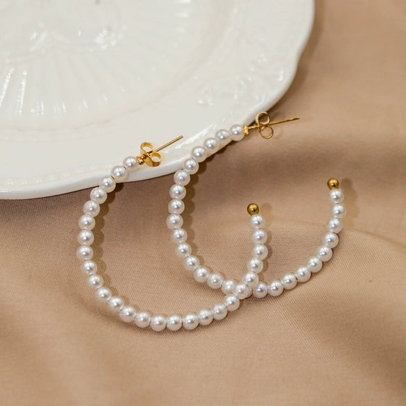 Wholesale Minimalist Light Luxury Stainless Steel 14K Gold Plated Pearl C Shaped Geometric Earrings For Women