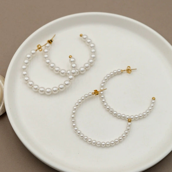 Wholesale Minimalist Light Luxury Stainless Steel 14K Gold Plated Pearl C Shaped Geometric Earrings For Women