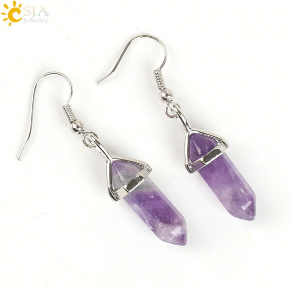 Wholesale Minimalist Natural Stone And Copper Accessories Hexagonal Prism Bullet Pendant Earrings