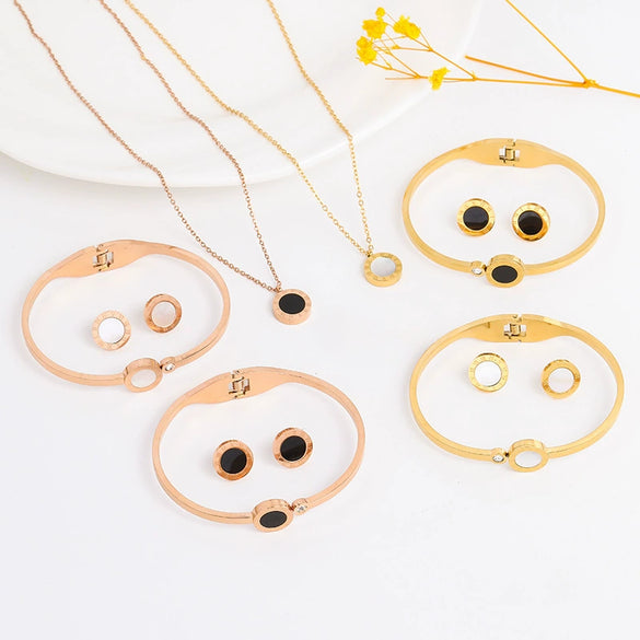 Wholesale Minimalist Stainless Steel Jewelry Set With Cross Crown And Roman Numerals Earrings Necklace And Bracelet For Women
