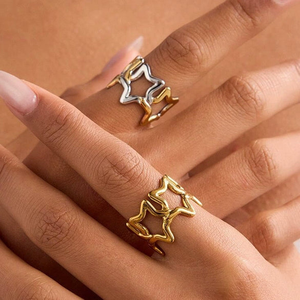Wholesale Minimalist Stainless Steel Star Shaped Open Ring With Vacuum Real Gold Plating For Women High End Jewelry