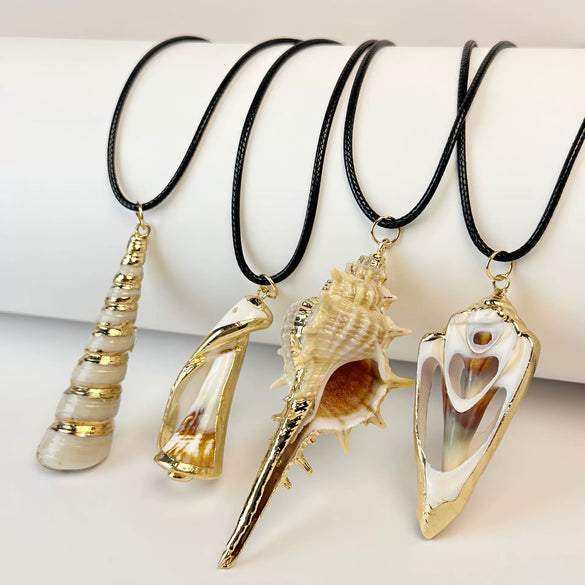 Wholesale Minimalist Waxed Leather Rope Natural Conch Shell Necklaces With Electroplated Gold Edge