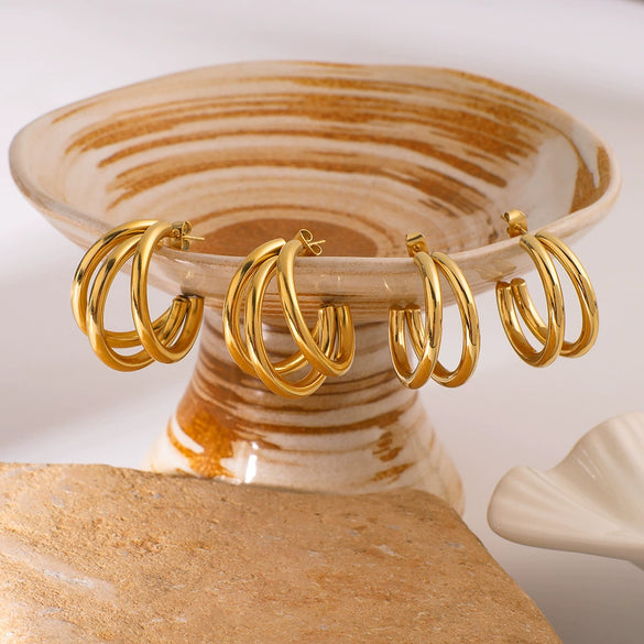 Wholesale Minimalist Women's Stainless Steel 18K Gold Plated Linear Multilayer C Shaped Hollow Tube Geometric Earrings With Vacuum Plating In Furnace