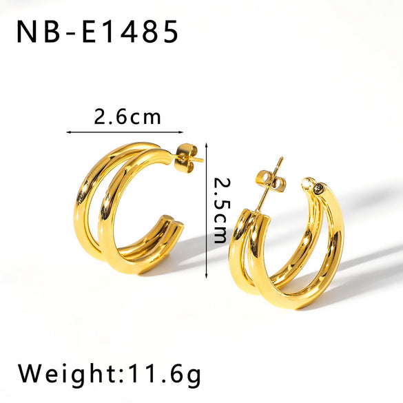 Wholesale Minimalist Women's Stainless Steel 18K Gold Plated Linear Multilayer C Shaped Hollow Tube Geometric Earrings With Vacuum Plating In Furnace