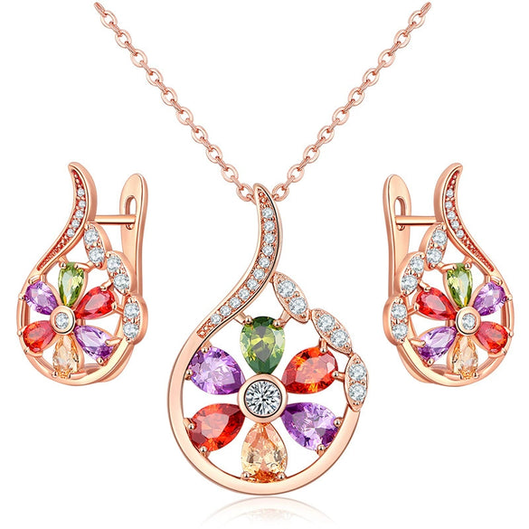 Wholesale Minimalist Women's Zircon Necklace Set With Flower Pattern Rose Gold Electroplated Box Chain For Bridal Use