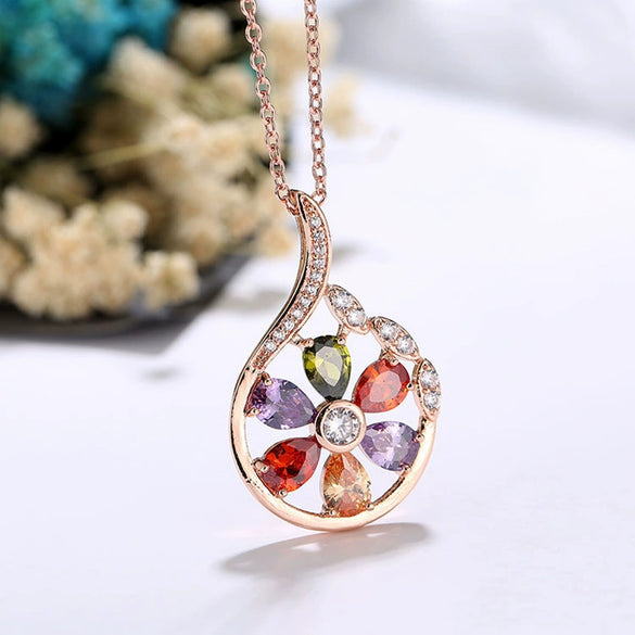 Wholesale Minimalist Women's Zircon Necklace Set With Flower Pattern Rose Gold Electroplated Box Chain For Bridal Use