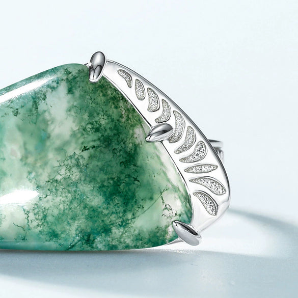 Wholesale Mining Green Moss Ring S925 Silver Natural Agate Geometric Fashion Women's Ring With Diamond Design