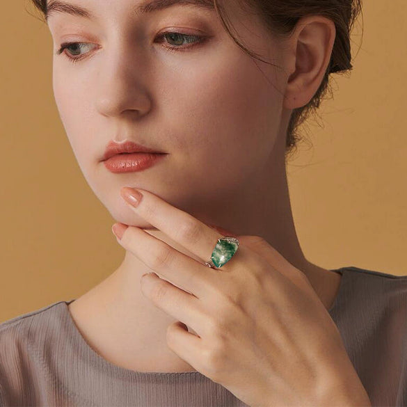 Wholesale Mining Green Moss Ring S925 Silver Natural Agate Geometric Fashion Women's Ring With Diamond Design
