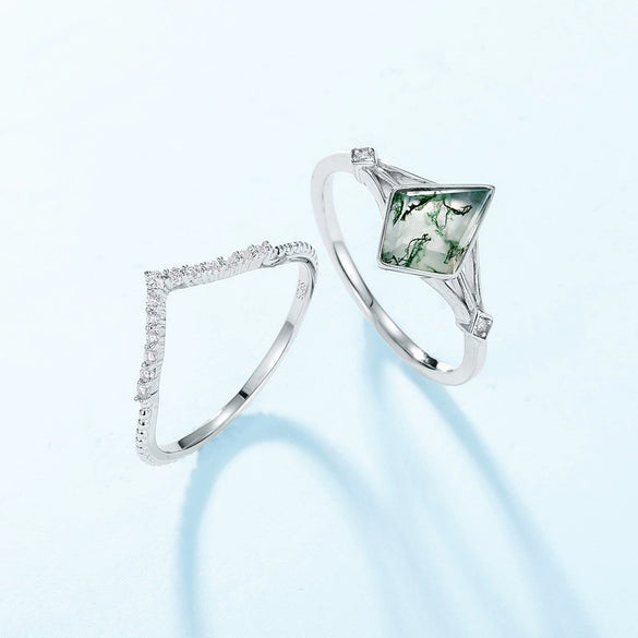 Wholesale Mining Stacked Geometric Aquatic Agate Ring S925 Silver Natural Green Moss Stone Retro Style For Women