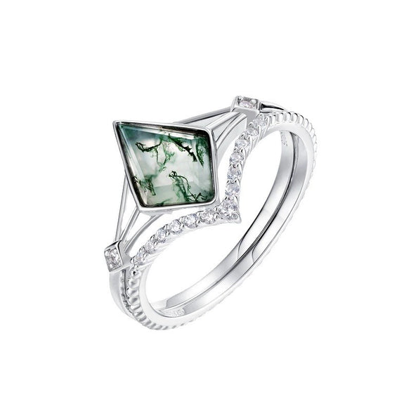 Wholesale Mining Stacked Geometric Aquatic Agate Ring S925 Silver Natural Green Moss Stone Retro Style For Women