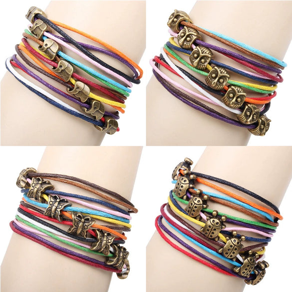Wholesale Mixed Batch Colorful Wax Rope Bracelet With Animal Beaded And Zodiac Pattern Electroplated Treatment
