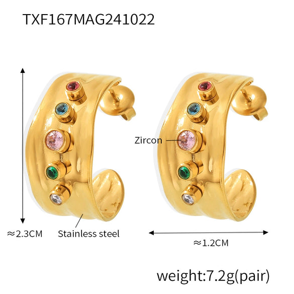 Wholesale Mixed Color Zircon Open Ring And C Earrings In Stainless Steel With 18K True Gold Color Electroplated For Women Geometric Style