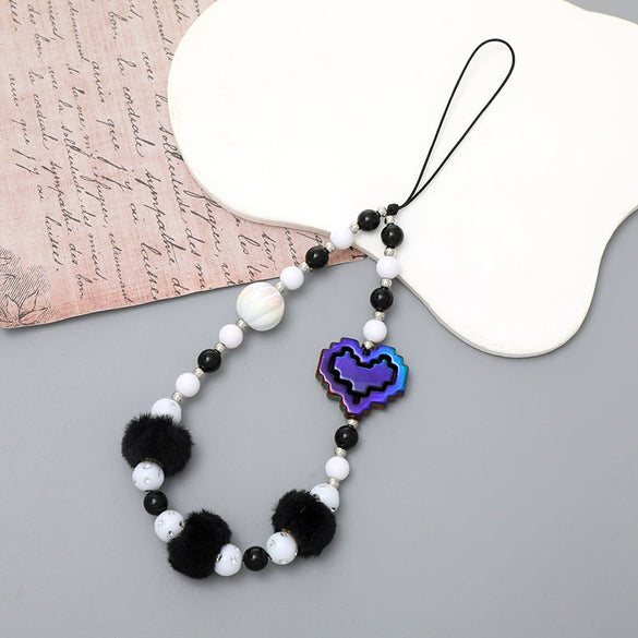Wholesale Mobile Phone Chain Handmade Beaded With Plush Ball And Love Pattern For Female