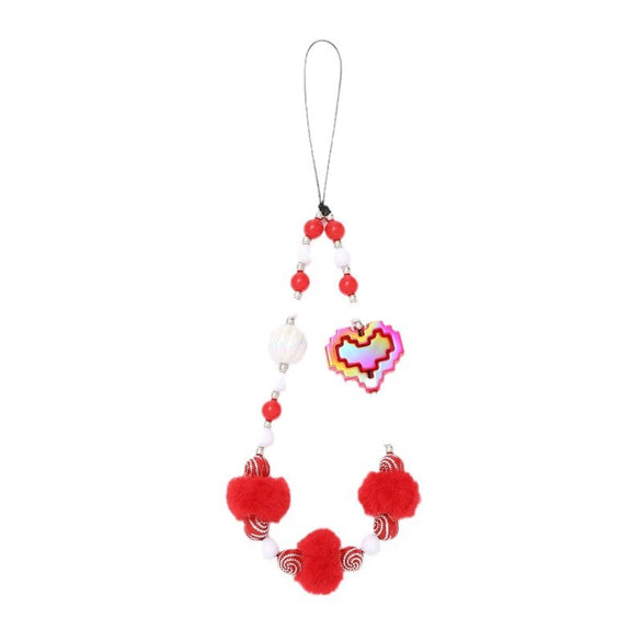 Wholesale Mobile Phone Chain Handmade Beaded With Plush Ball And Love Pattern For Female
