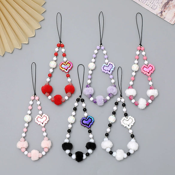 Wholesale Mobile Phone Chain Handmade Beaded With Plush Ball And Love Pattern For Female