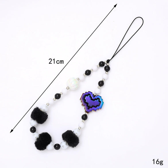 Wholesale Mobile Phone Chain Handmade Beaded With Plush Ball And Love Pattern For Female