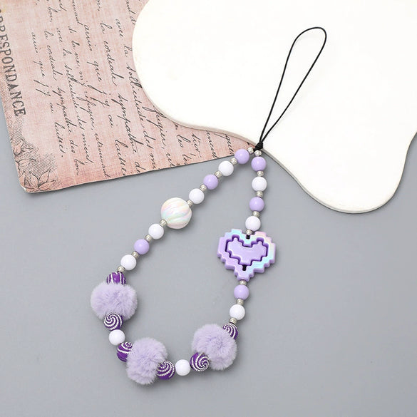 Wholesale Mobile Phone Chain Handmade Beaded With Plush Ball And Love Pattern For Female