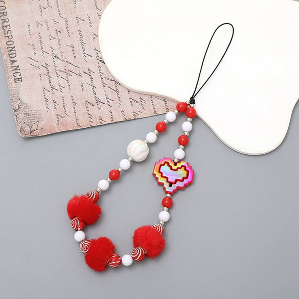 Wholesale Mobile Phone Chain Handmade Beaded With Plush Ball And Love Pattern For Female