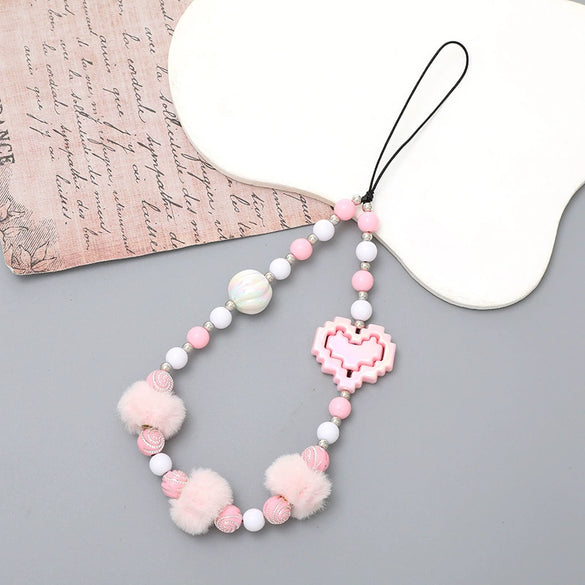 Wholesale Mobile Phone Chain Handmade Beaded With Plush Ball And Love Pattern For Female