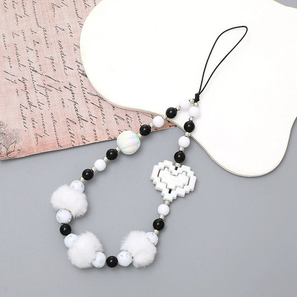 Wholesale Mobile Phone Chain Handmade Beaded With Plush Ball And Love Pattern For Female