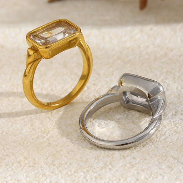 Wholesale Modern Minimalist Geometric Stainless Steel 18K Goldplated Rectangular Zirconia Cutcorner Ring For Women