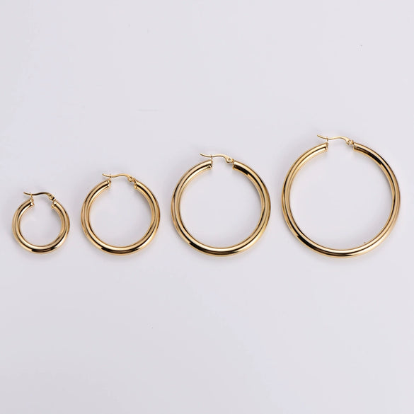 Wholesale Modern Style Exquisite Stainless Steel Polished 18K Gold Plated Thick Round Wire Hollow Large Hoop Earrings With Geometric Design