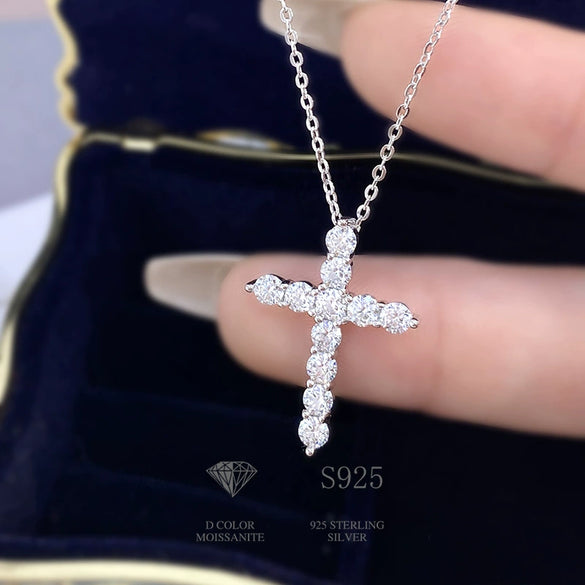 Wholesale Moissanite Cross Necklace Pendant In 925 Sterling Silver With Electroplating For Women On Pt950 Platinum Clavicle Chain