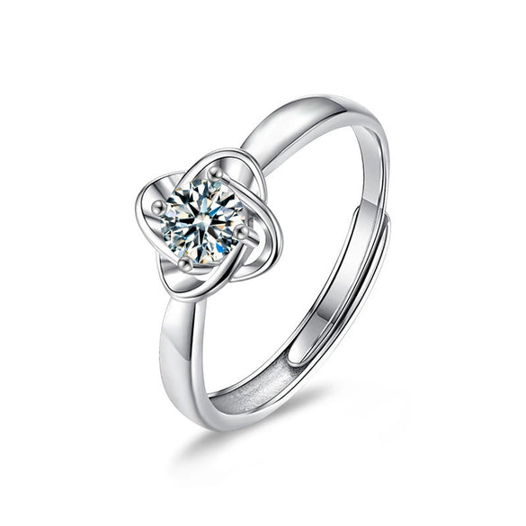 Wholesale Moissanite S925 Sterling Silver Four Leaf Clover And Letter Shape Light Luxury Design Diamond Processing Adjustable Ring For Women