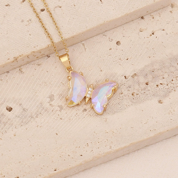 Wholesale Multi Color Gradient Butterfly Pendant Stainless Steel And Copper Necklace With Electroplating Design