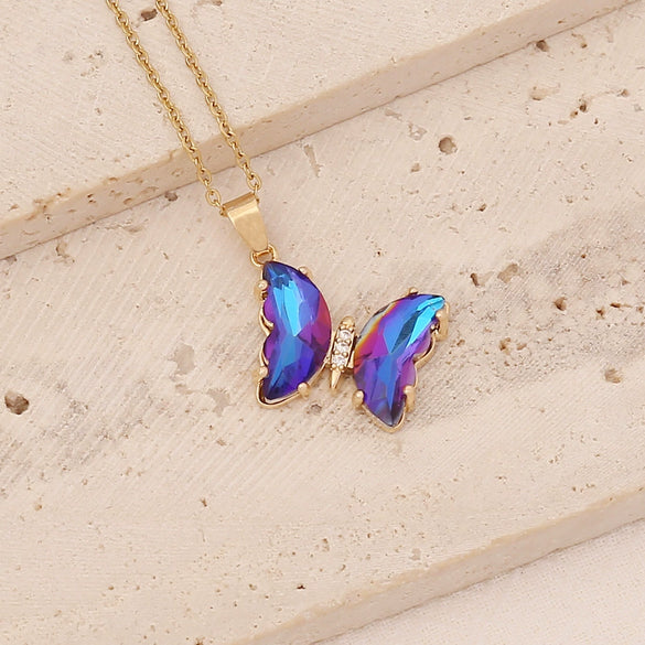 Wholesale Multi Color Gradient Butterfly Pendant Stainless Steel And Copper Necklace With Electroplating Design