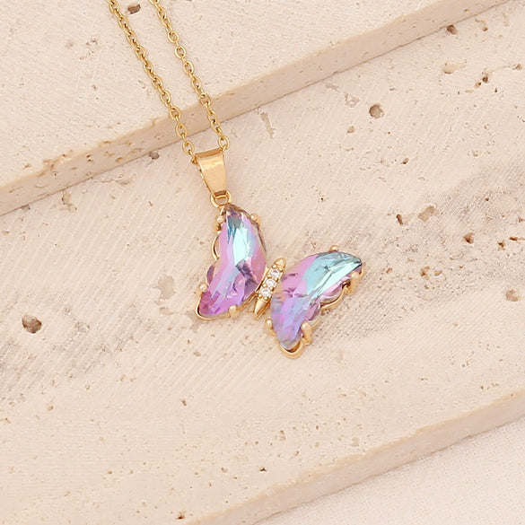 Wholesale Multi Color Gradient Butterfly Pendant Stainless Steel And Copper Necklace With Electroplating Design