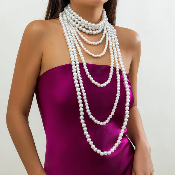 Wholesale Multi Layer Imitation Pearl Women's Necklace Geometric Baroque Style Ball Chain Jewelry Choker