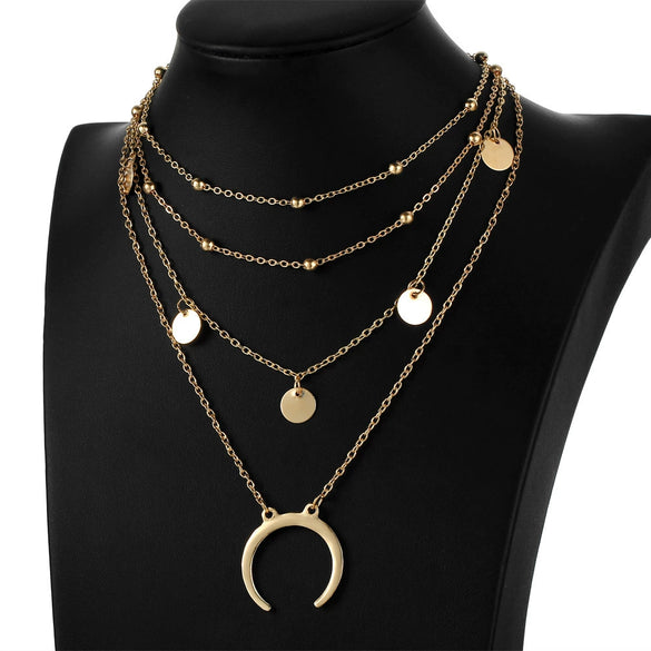 Wholesale Multi Layer Round Bead And Round Moon Pendant Necklace Choker With Water Wave Chain Alloy Material And Electroplating Treatment