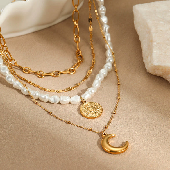 Wholesale Multi Layer Stacked Baroque Pearl Style Stainless Steel Clavicle Chain With Geometric Pattern And Electroplating For Women