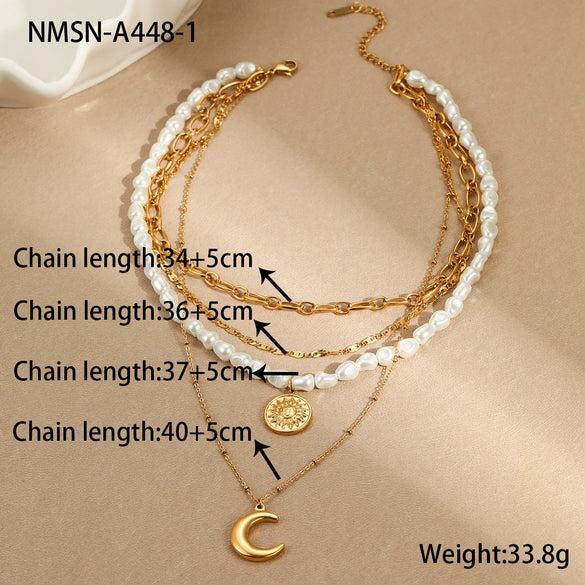 Wholesale Multi Layer Stacked Baroque Pearl Style Stainless Steel Clavicle Chain With Geometric Pattern And Electroplating For Women